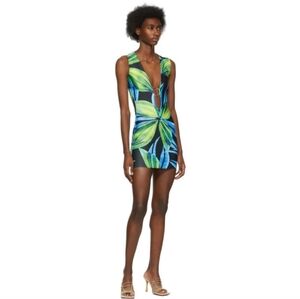 Louisa Ballou Blue Yellow Leaf Sleeveless Ring Jersey Mini Dress Resort Wear